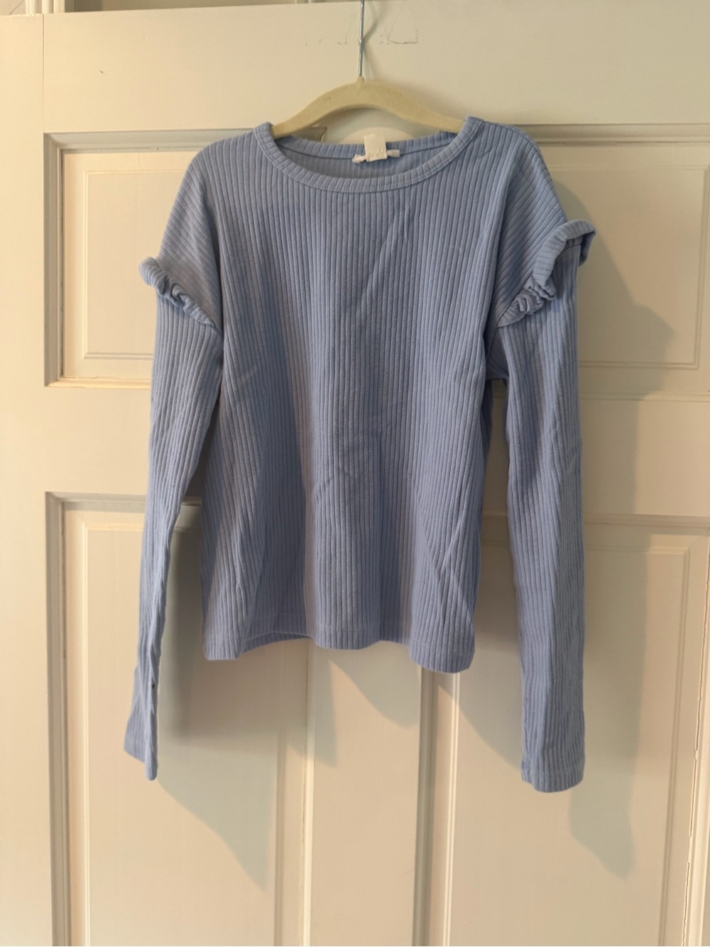 Crewcuts Light Blue Ribbed Knit Top with Ruffle Shoulder